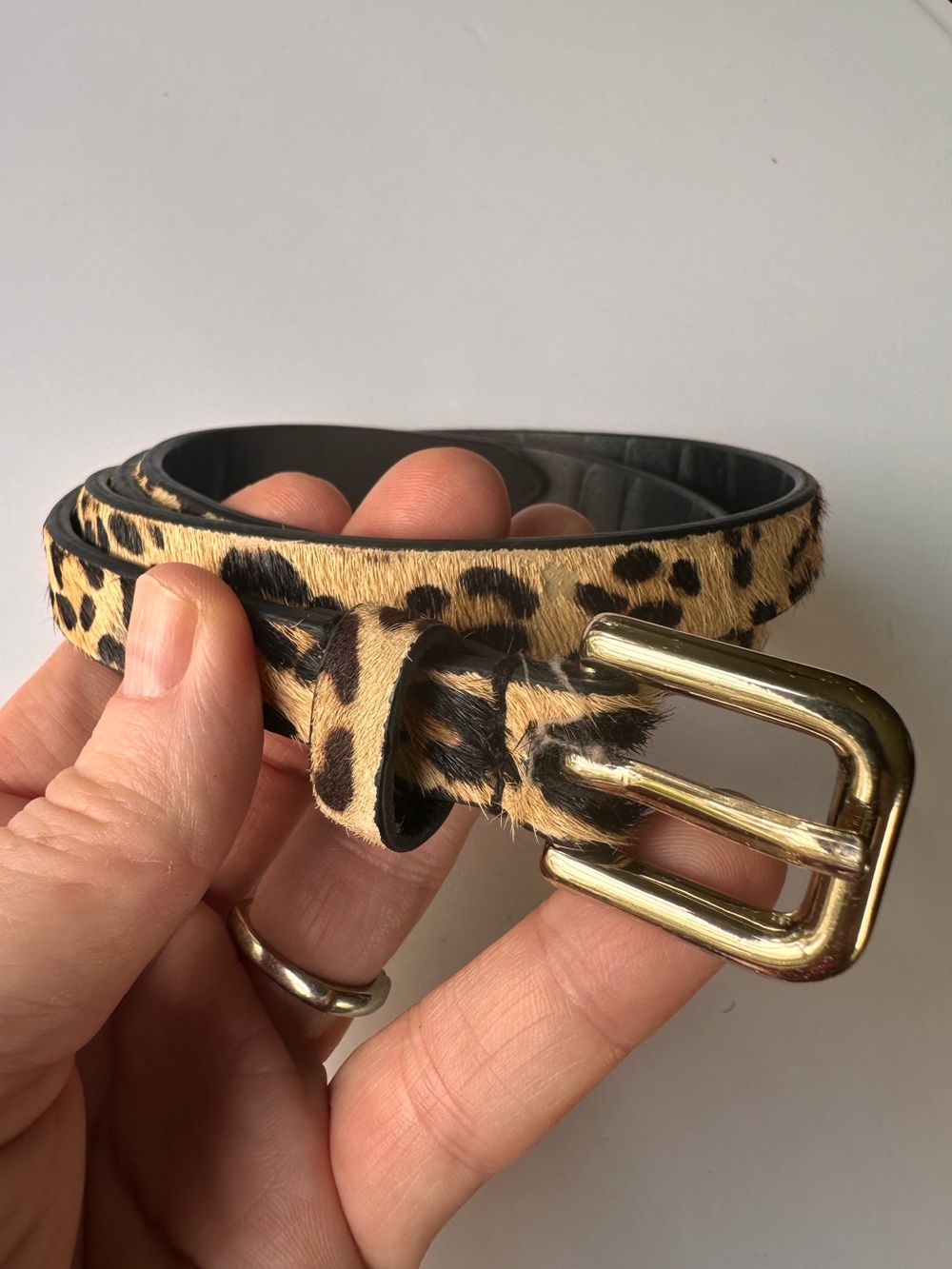 Express Leopard Print Faux-Hair Skinny Belt with Gold Buckle - Women's Accessory